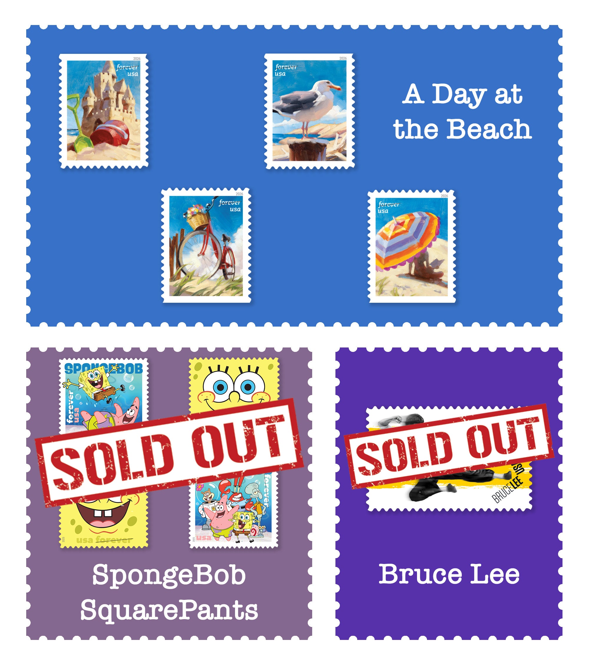 May's Stamp of the Month picks feature beach scenes, Spongebob SquarePants and Bruce Lee.