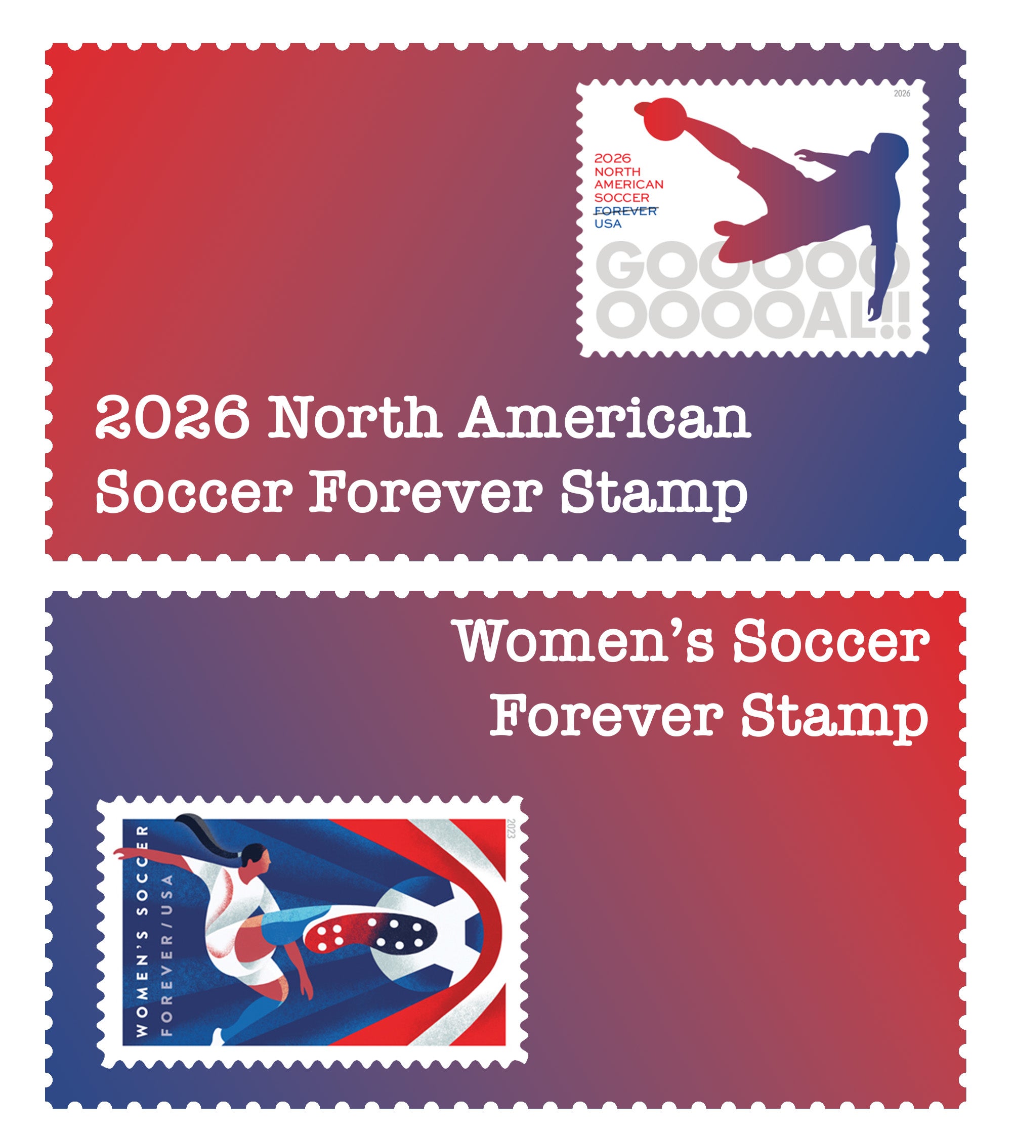 A red-and-blue background with 2 stamps for June, both of soccer players kicking a soccer ball.