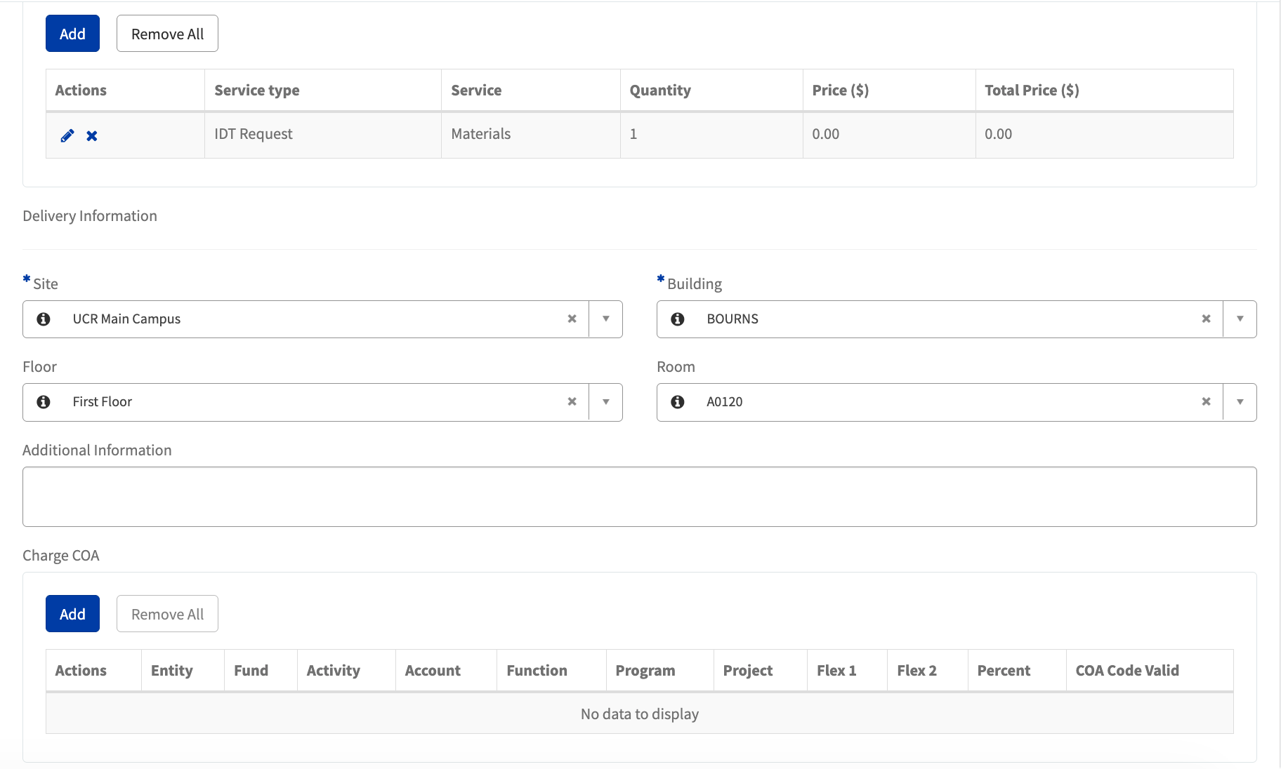 Work Order webpage with location information filled in and COA section blank.